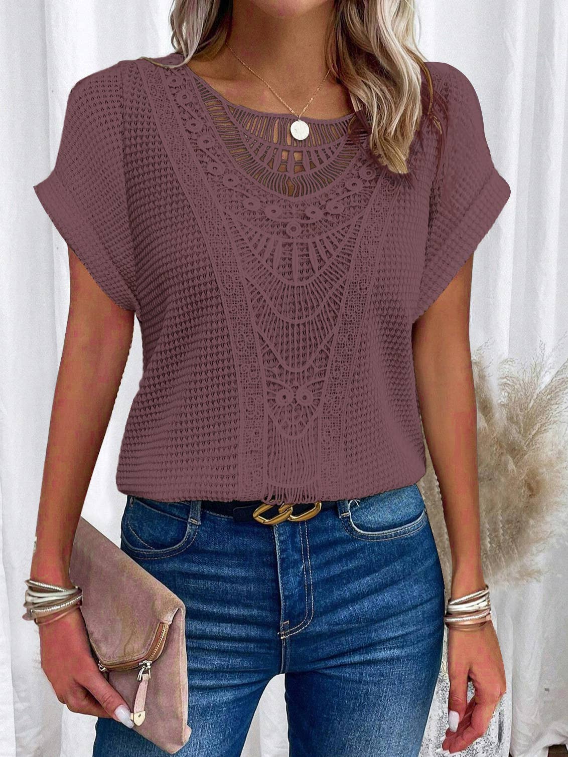 CUT-OUT LACE PATCHWORK SHORT SLEEVE T-SHIRT