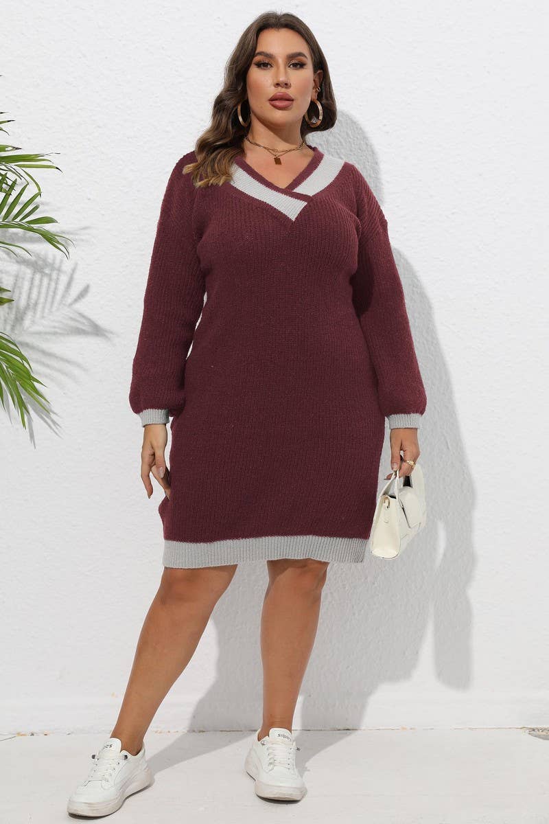 CWOSWL1592_PLUS Size V-Neck Long Sleeve Pullover Sweater