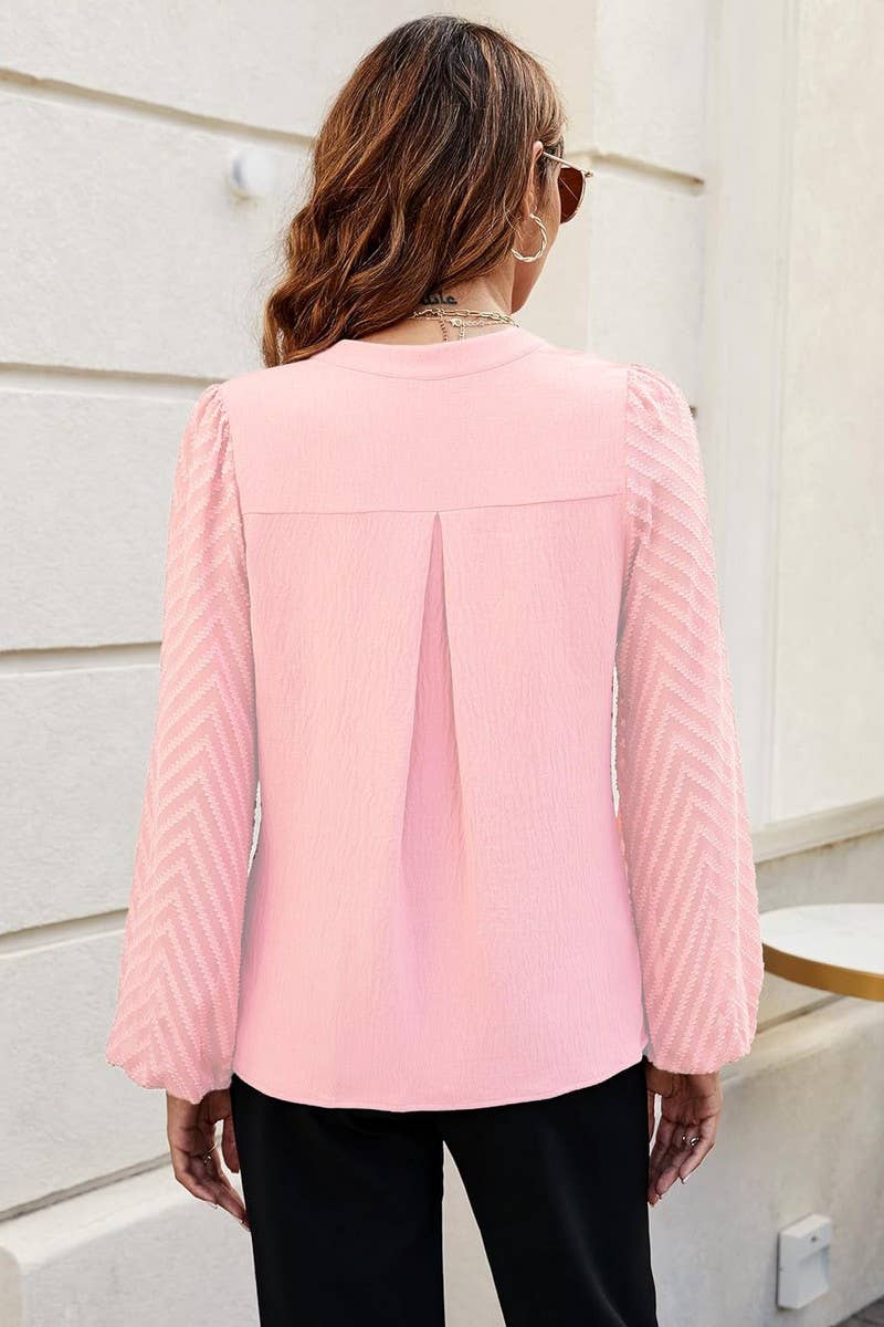 CWTBLL3999_SOLID V-NECK LACE PANEL CHIFFON BLOUSE