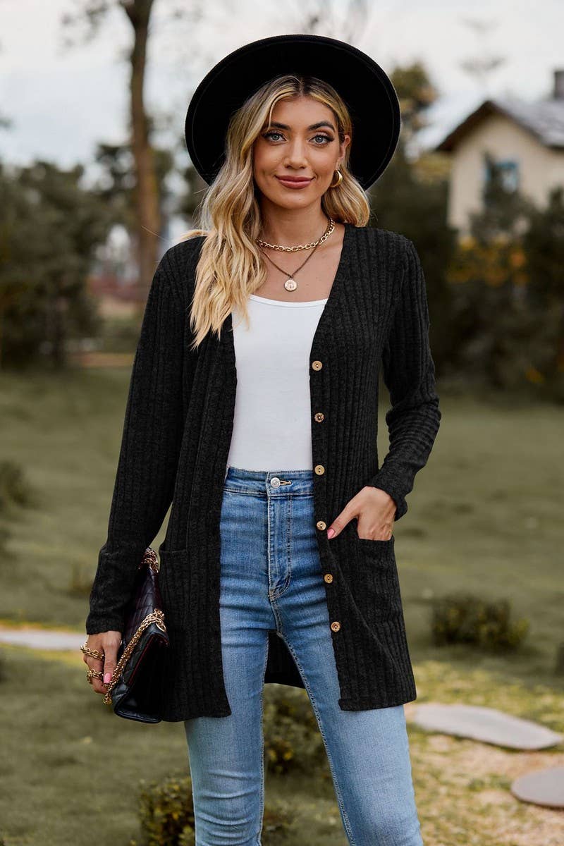 CWOCAL2286_BUTTON-UP BRUSHED RIBBED LONG SLEEVE CARDIGAN
