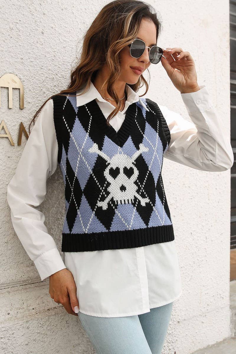 CWOV0497_SKULL JACQUARD DIAMOND VEST SWEATER VEST