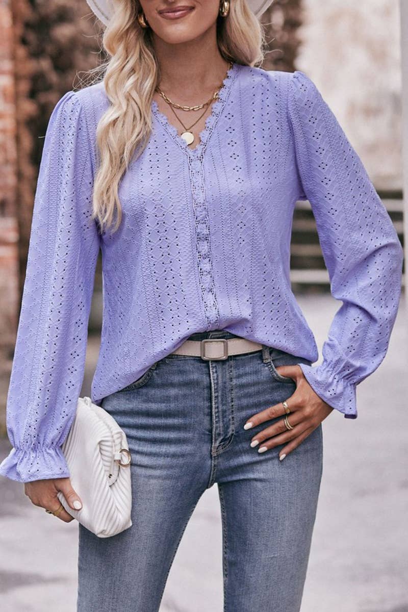 CWTBLL3761_SOLID COLOR RIPPED LACE V-NECK LONG-SLEEVED T-SHI