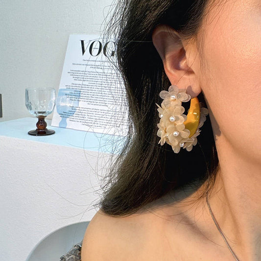 Handmade Pearl Flower C-Shaped Earrings