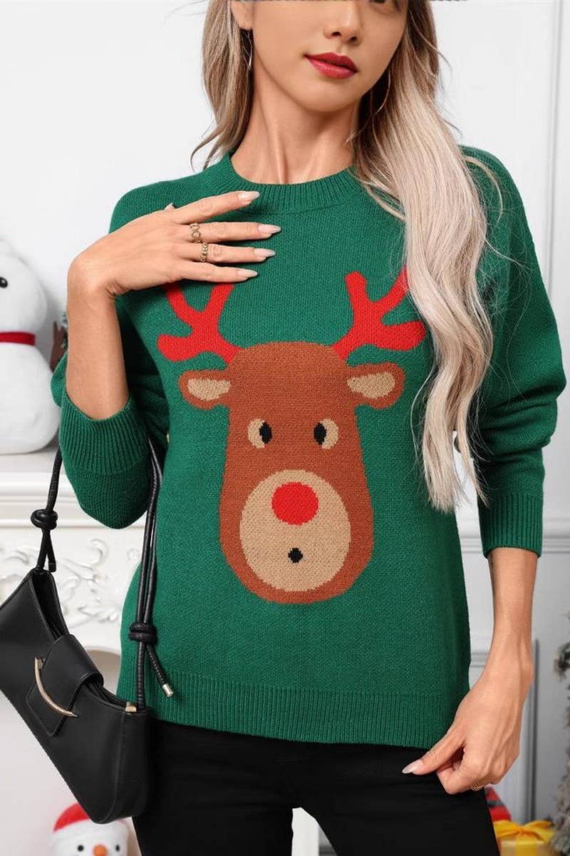 CWOSWL07582_CARTOON DEER JACQUARD CHRISTMAS SWEATER