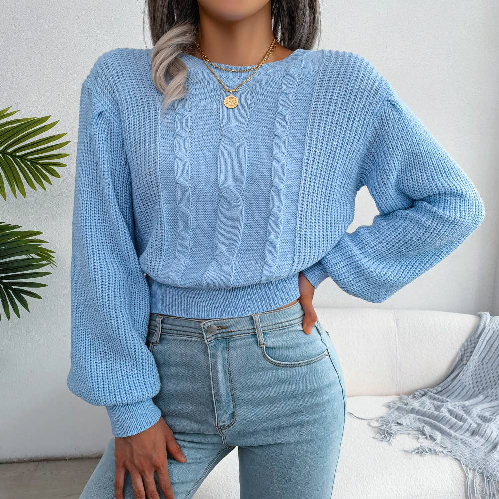 CASUAL TWIST LANTERN SLEEVE WAIST KNIT SWEATER