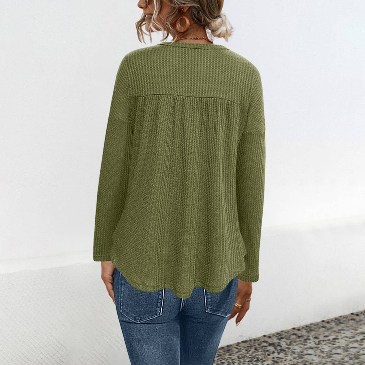 BUTTON-DOWN WAFFLE TOP WITH LONG SLEEVES