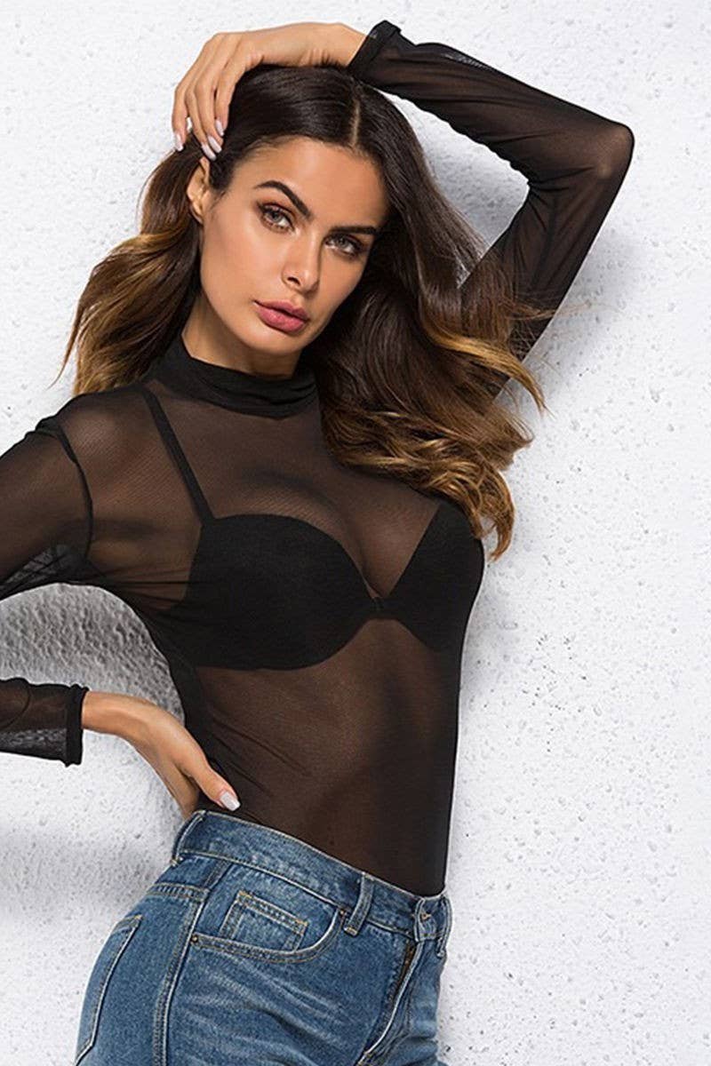 CWTBLL3864_SHEER MESH STRETCH LONG SLEEVE TURTLENECK TOP