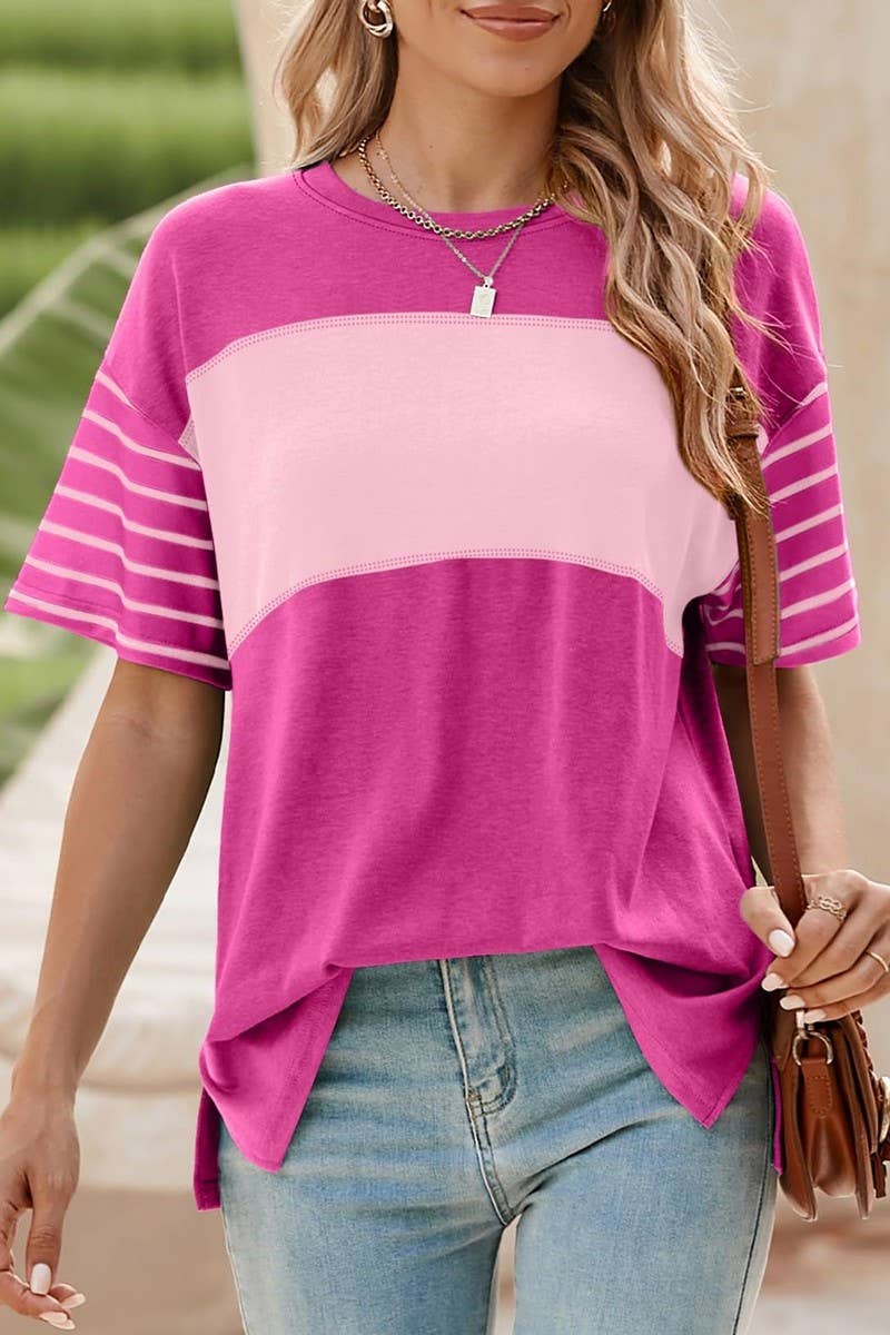 CWTTS1392_ROUND NECK CASUAL STRIPED CONTRAST COLOR T-SHIRT