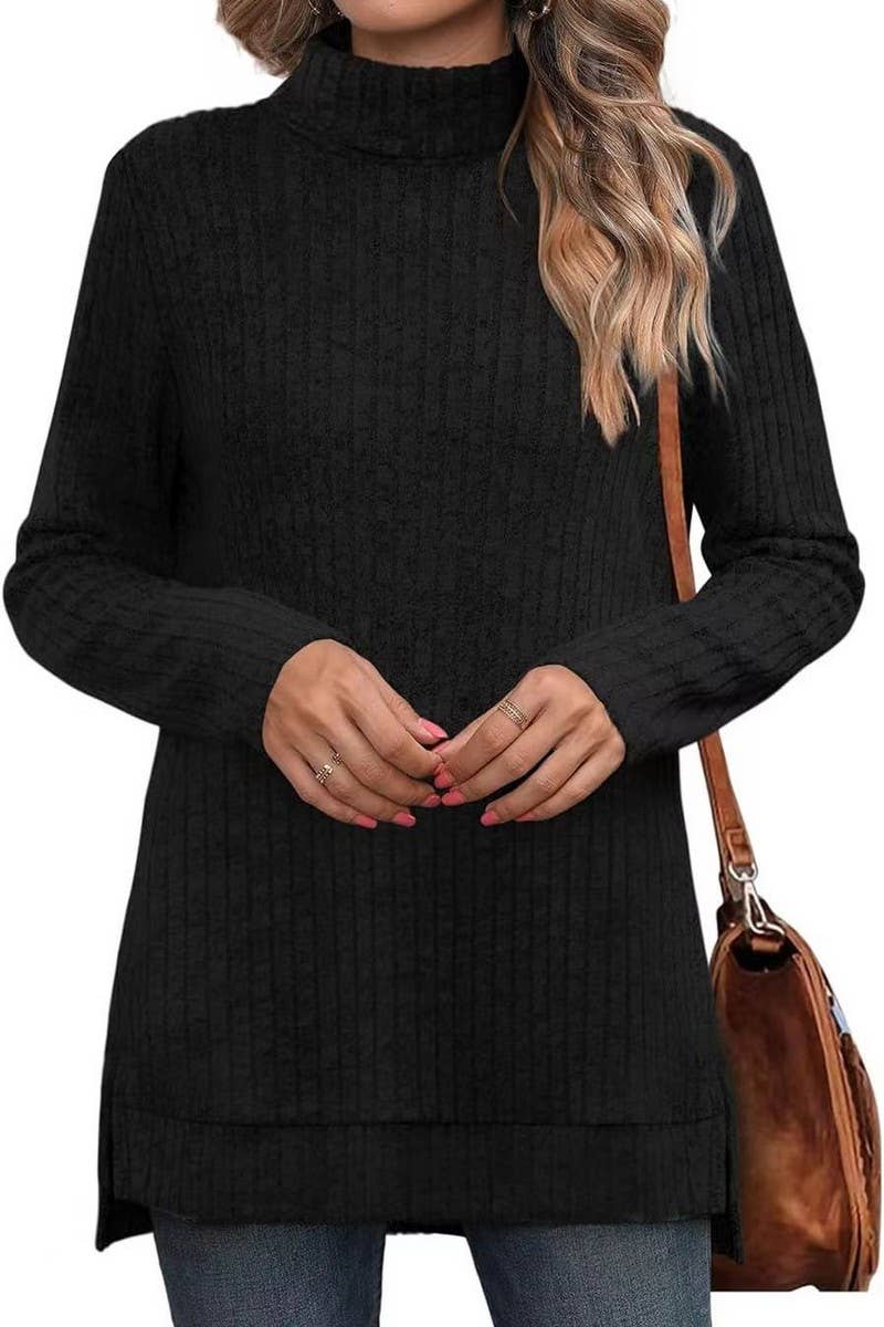 CWTBLL3684_AUTUMN AND WINTER SOLID COLOR HIGH COLLAR LOOSE T