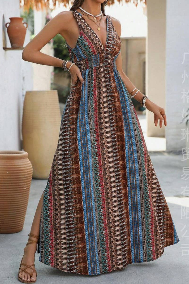 CWDHL0947_SUMMER V-NECK BOHEMIAN LONG DRESS