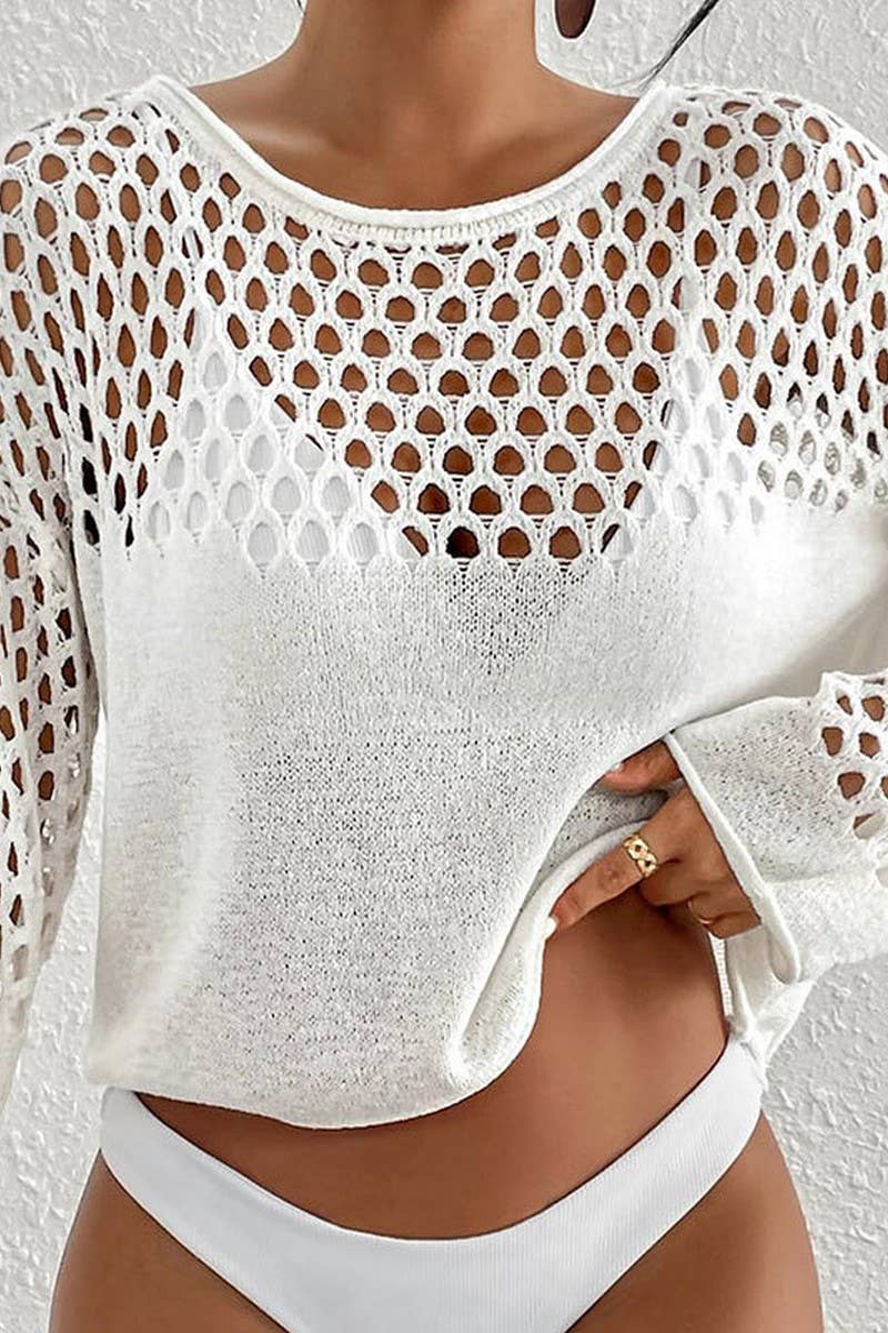 CWTBLL3656_KNITTED HOLLOW LONG SLEEVE BIKINI COVER UP