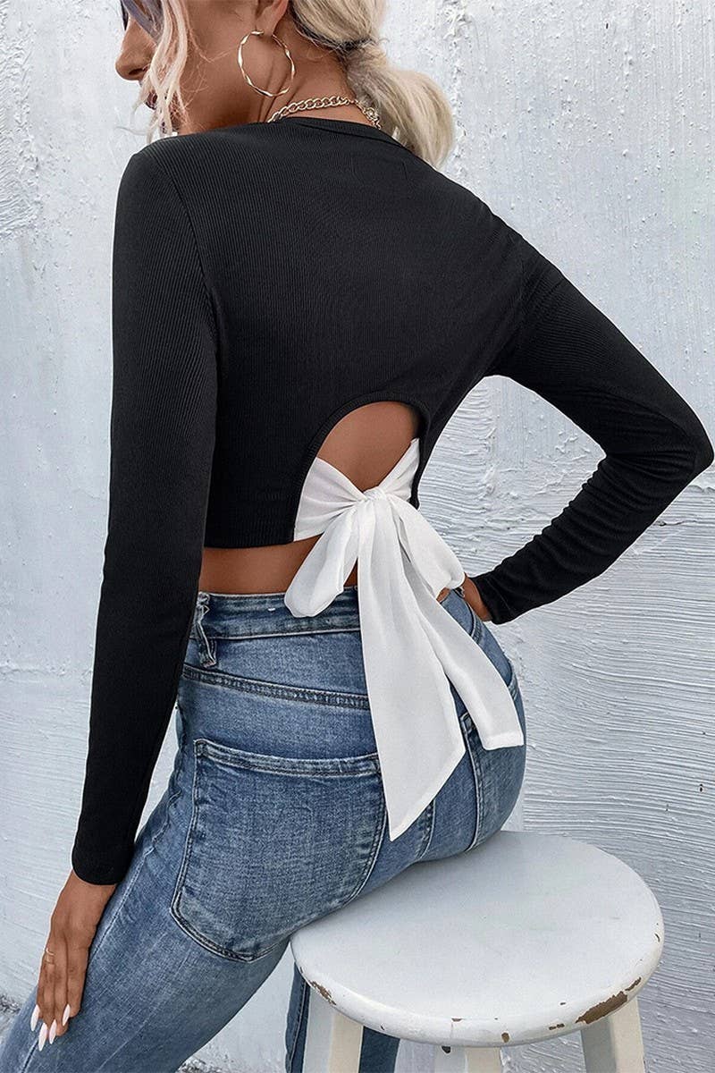 CWTBLL2720_BACK BOW ROUND NECK LONG SLEEVE T-SHIRT TOP