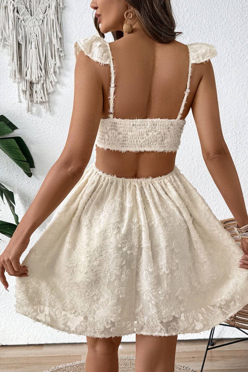 CWDSD7834_RUFFLE SLEEVE BACKLESS HOLLOW OUT SUMMER DRESS