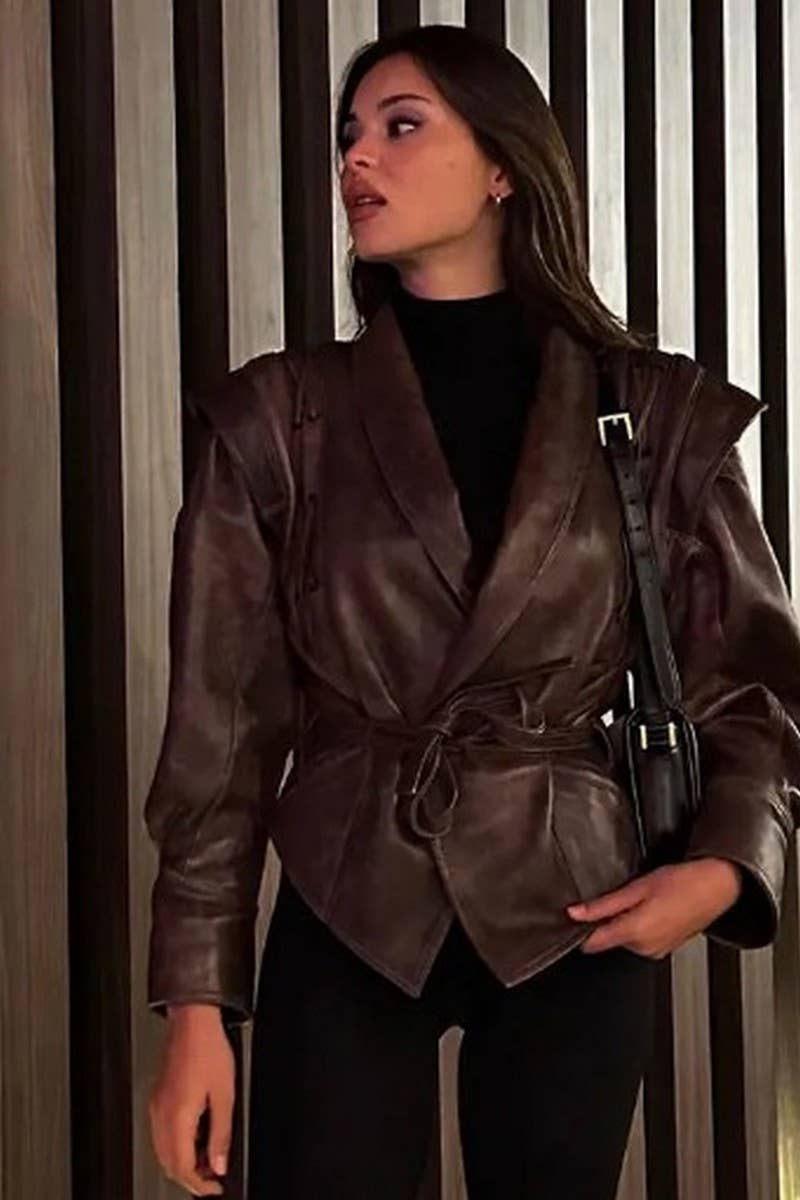 CWOCO1063_VINTAGE CASUAL LACE-UP FAUX LEATHER JACKET