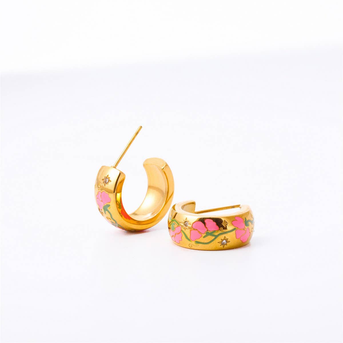 PAINTED FLOWER FLORAL ROSE C-SHAPED EARRINGS_CWAJE1620