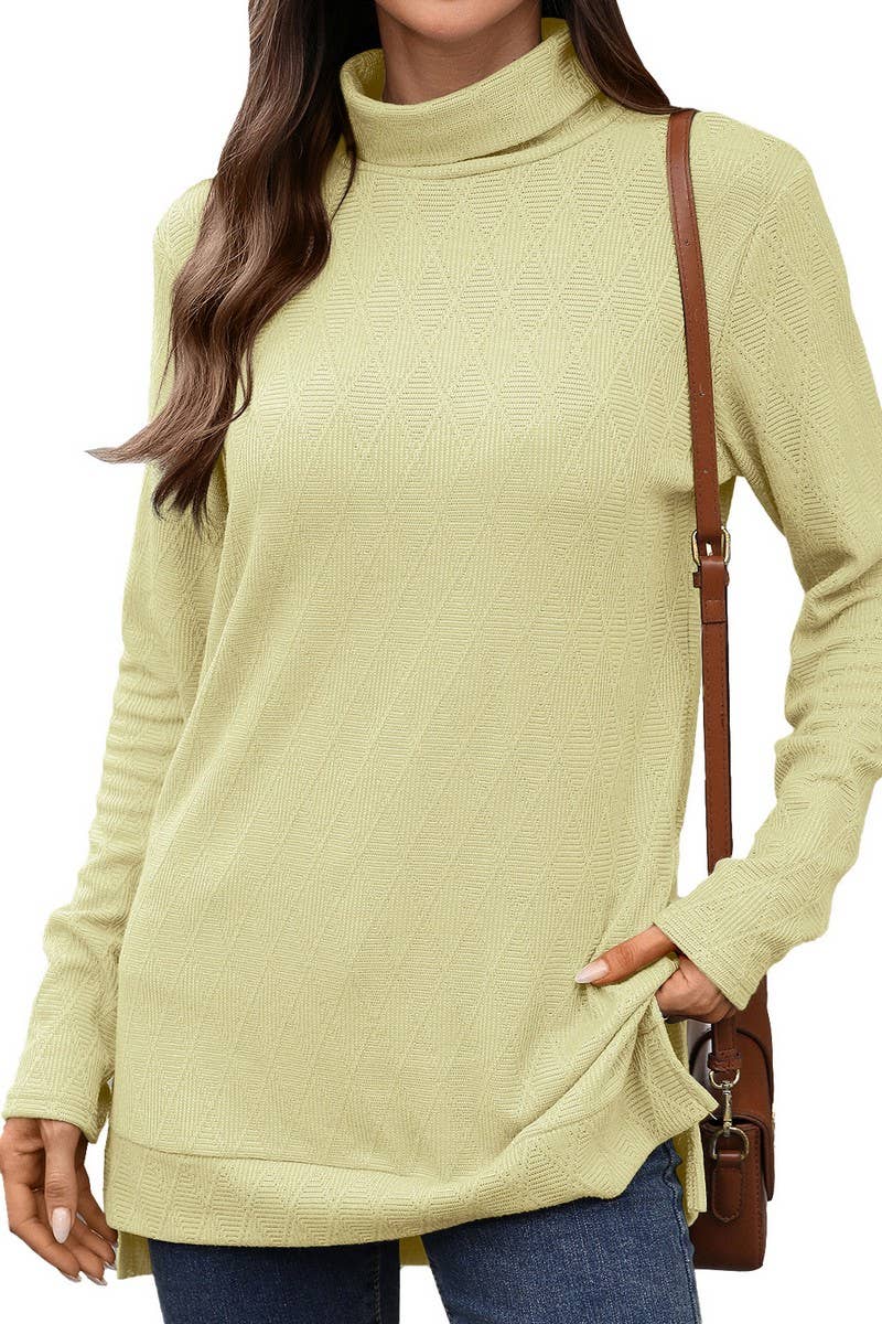 CWTBLL01289_HIGH NECK SOLID KNIT SPLIT HEM LONG SLEEVE TOP