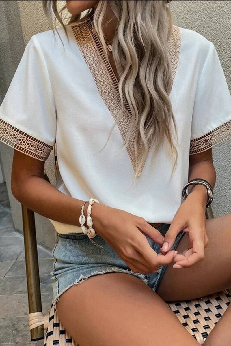 CWTBLS0826_V-NECK LACE CASUAL SOLID COLOR SHIRT