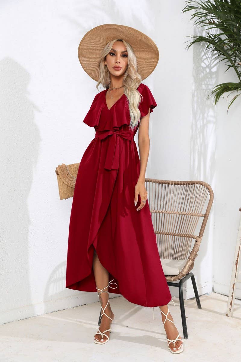 CWDMD1336_V-Neck Short Ruffle Sleeve With Belt Dress