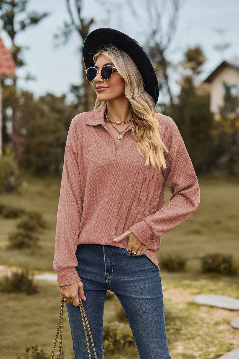 CWTBLL2376_SOLID COLOR LAPEL BUTTON LOOSE CASUAL TOP