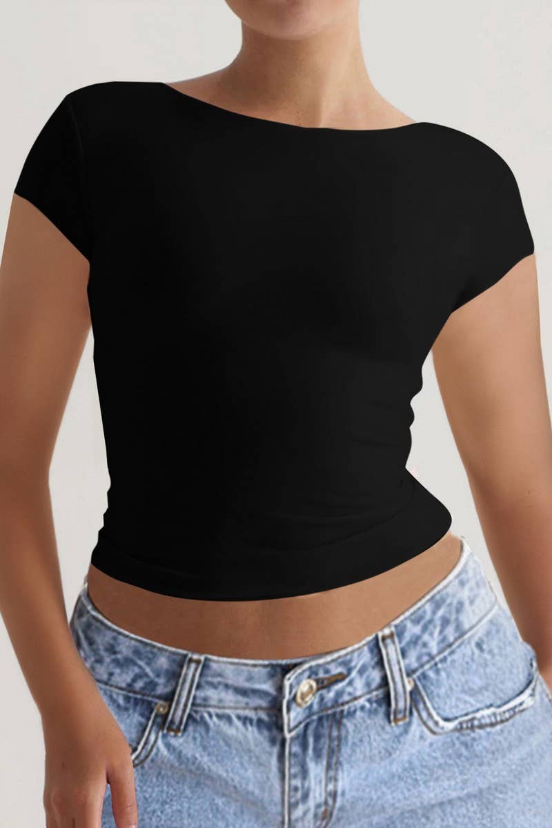 CWTBLS1584_ROUND NECK OPEN BACK SHORT SLEEVE TOP