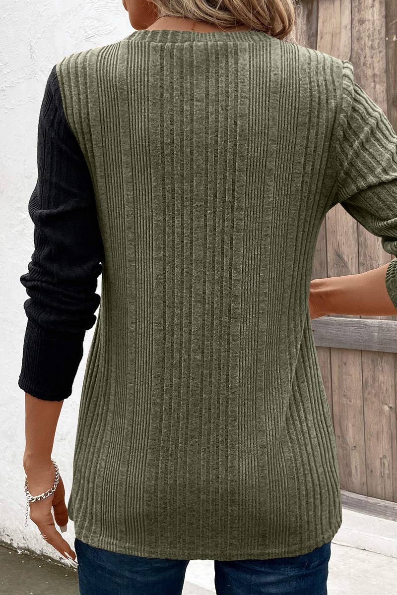 CWTBLL3195_COLORBLOCK CONTRAST BUTTON-DOWN SLIT CASUAL TOP