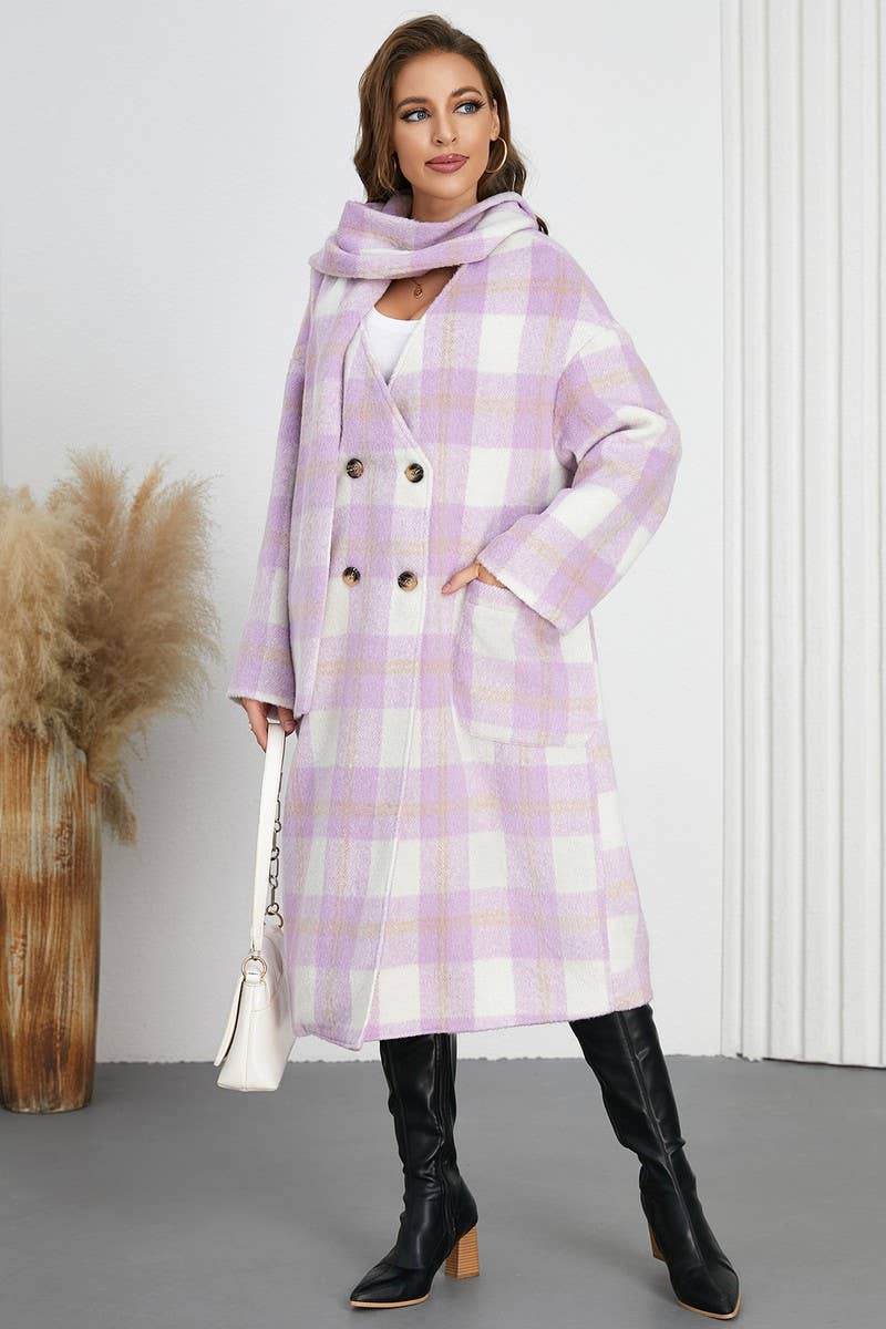CWOCO0946_DOUBLE BREASTED PLAID V-NECK SCARF COAT