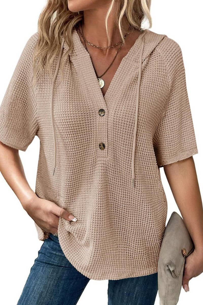 CWTBLS1773_WAFFLE DRAWSTRING HOODED SHORT-SLEEVED TOP