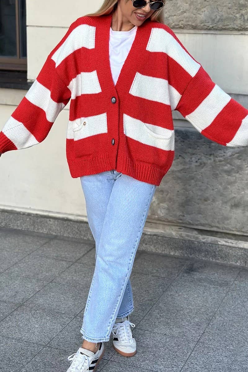 Color contrast striped loose sweater cardigan