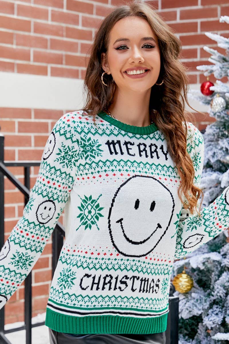 CWOSWL2486_SMILEY CHRISTMAS KNITTED SWEATER PULLOVER