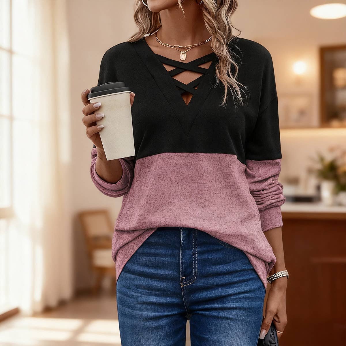 Cross-v-neck color-blocking off-the-shoulder Top