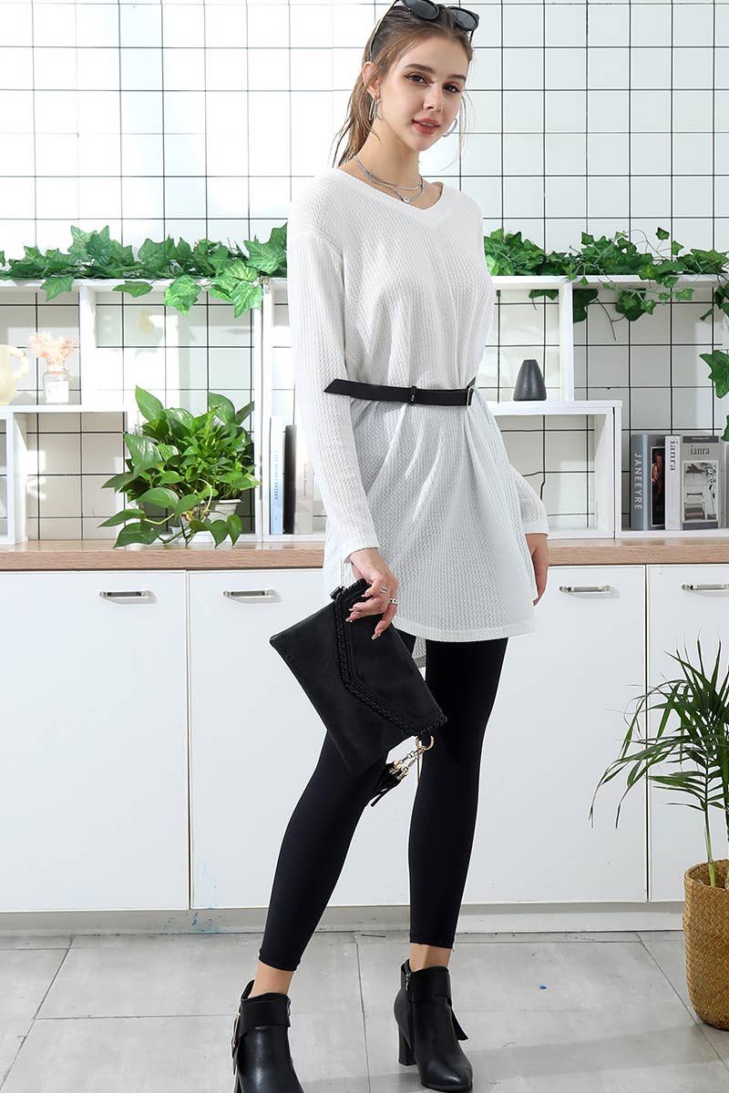 CWTTL1008_SOLID V NECK LONG SLEEVE KNIT SWEATER LONG TOP