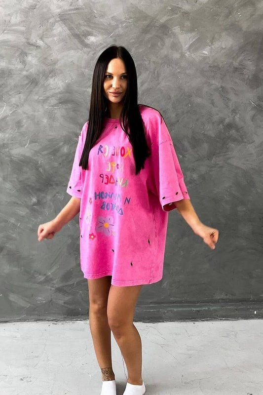 CWTTS1576_LETTERING LOOSE LAZY CASUAL MID-LENGTH T-SHIRT