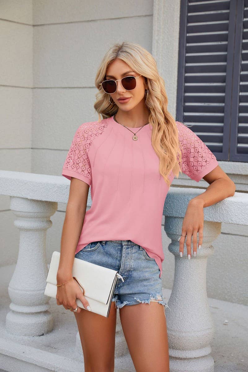 CWTTS0812_Round Neck Contrast Lace Short  Sleeve Blouse