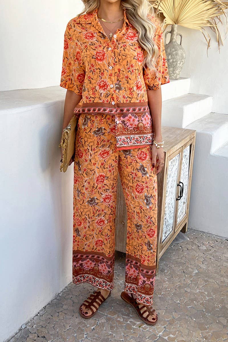CWSS1190_CONTRAST COLOR PRINT SHORT SLEEVE LONG PANTS SUIT