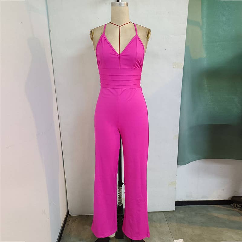 Backless V-Neck Tie Strap Jumpsuit