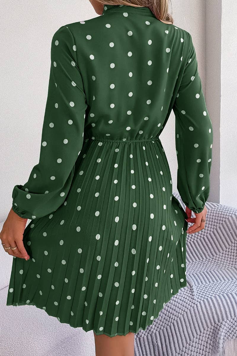 CWDSD4684_SUMMER POLKA-DOT WAIST LONG SLEEVE PLEATED DRESS