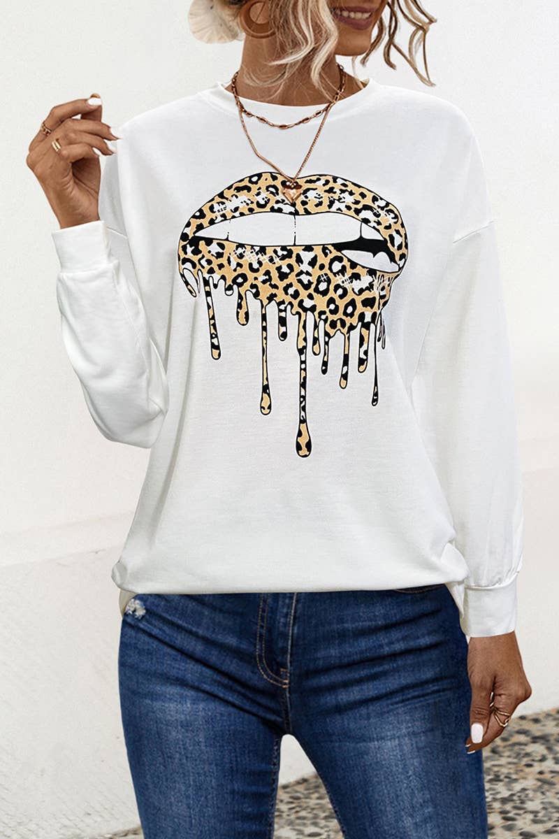 CREW-NECK LIP PRINT LONG-SLEEVED BAGGY HOODIE