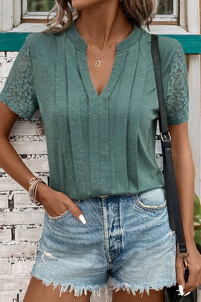 CWTBLS0954_NEW SUMMER LACE SPLICING V-NECK CASUAL T-SHIRT