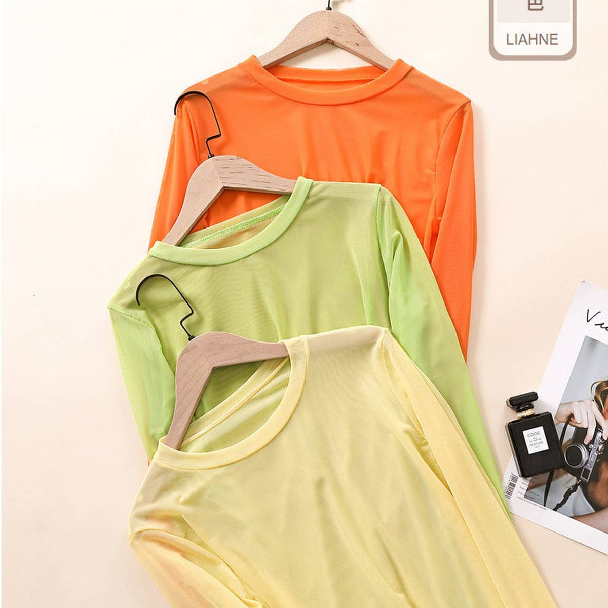 Candy Color Blouse - Long Sleeve Mesh Top_CWTBLL3620
