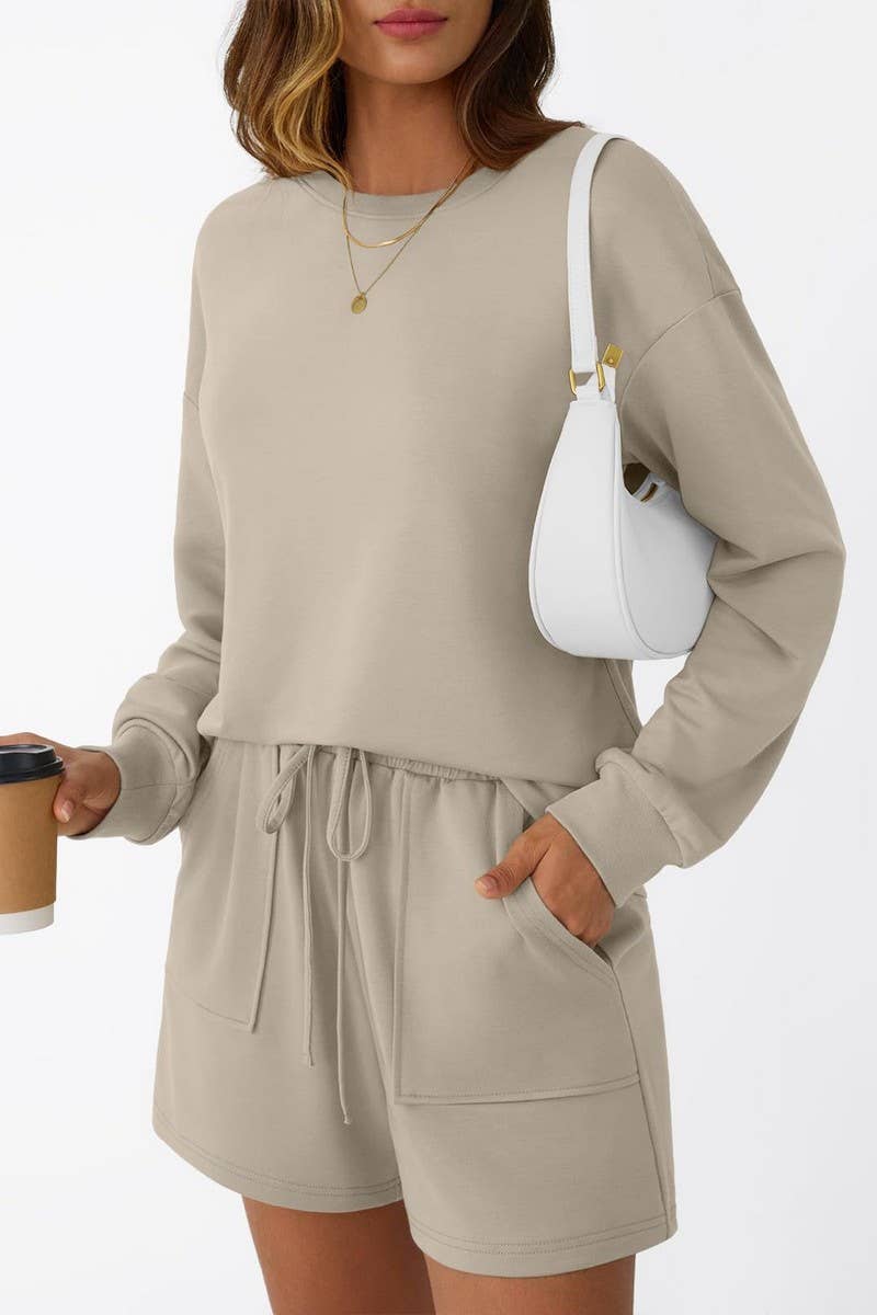 CWSTB00405_CREW NECK LONG SLEEVE SHORTS TWO-PIECE HOODIE SET