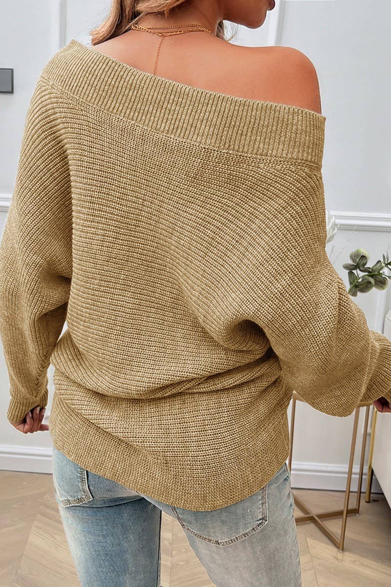 CWOSWL6510_ONE-SHOULDER SOLID COLOR LONG-SLEEVED SWEATER