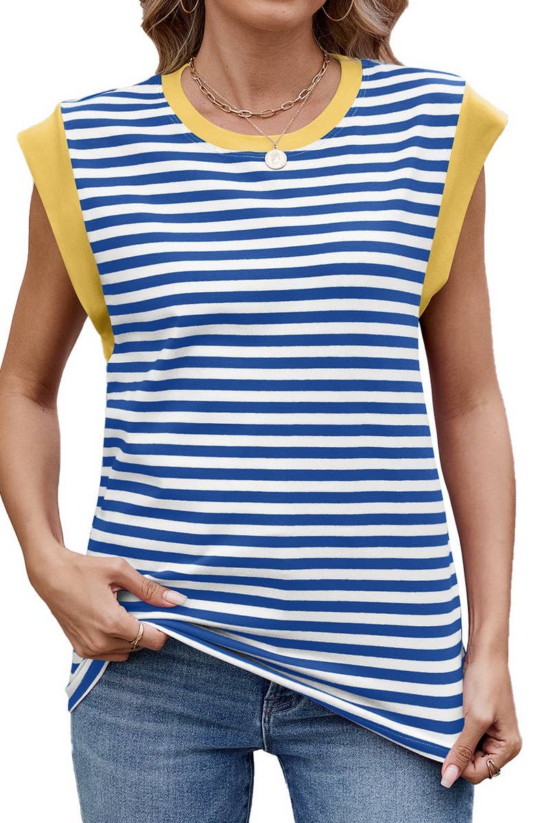 CWTTSL0320_SUMMER STRIPED ROUND NECK SHORT SLEEVE T-SHIRT
