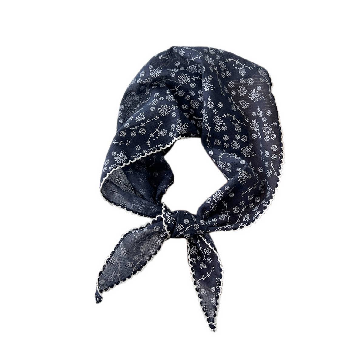 Lace Trim Cotton Linen Floral Triangle Scarf