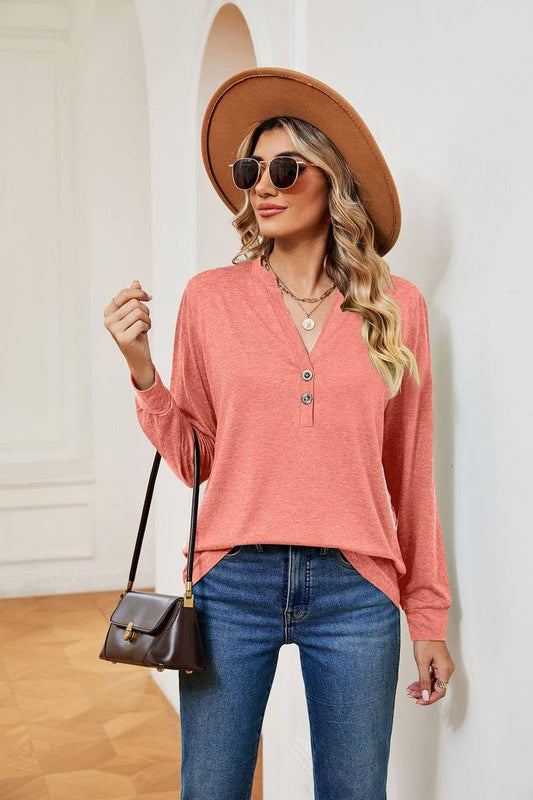 CWTBLL2371_V-NECK BUTTON LONG SLEEVE LOOSE PULLOVER TOP