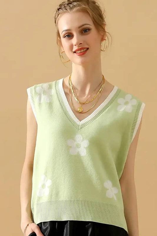 CWTBLS1762_SPRING AND SUMMER V-NECK SLEEVELESS FLORAL VEST