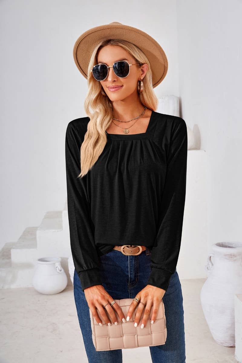 CWTBLL2796_FALL SQUARE NECK PLEATED LONG SLEEVE TOP