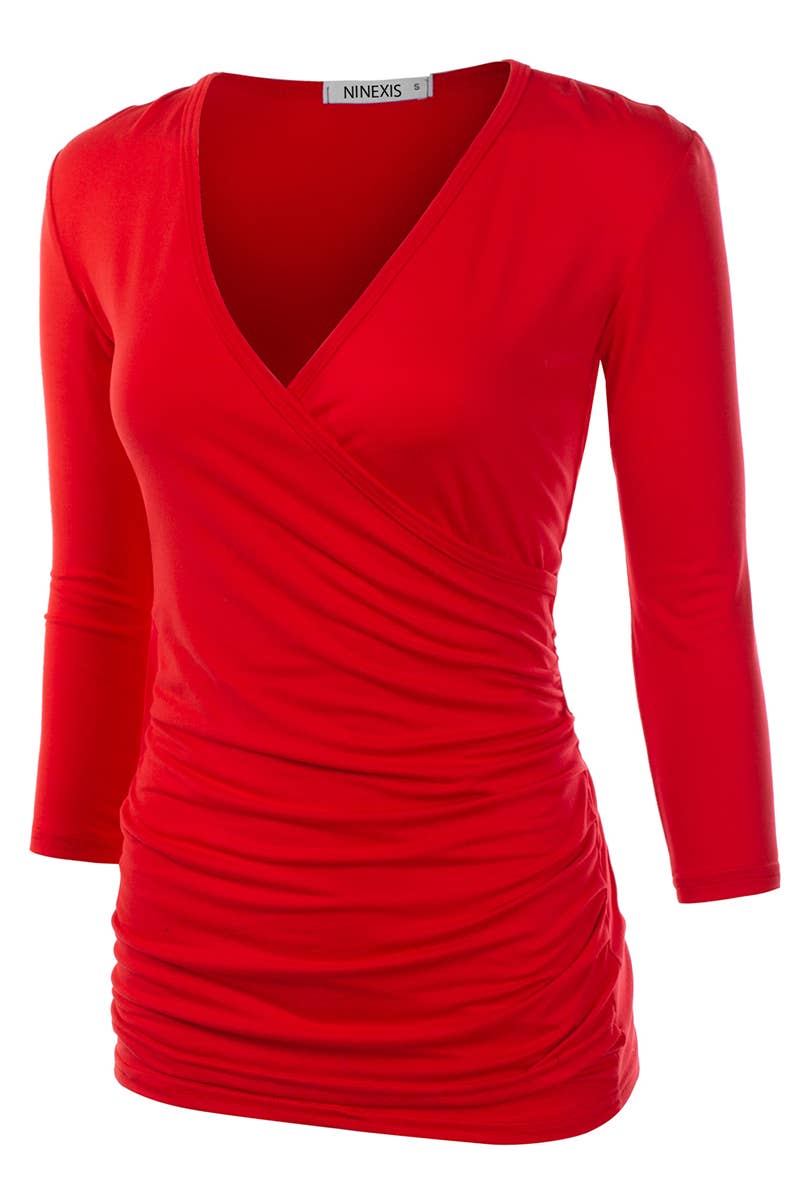 CWTTL1403_3/4 Sleeve Tank Tops Deep V-Neck Surplice Wrap