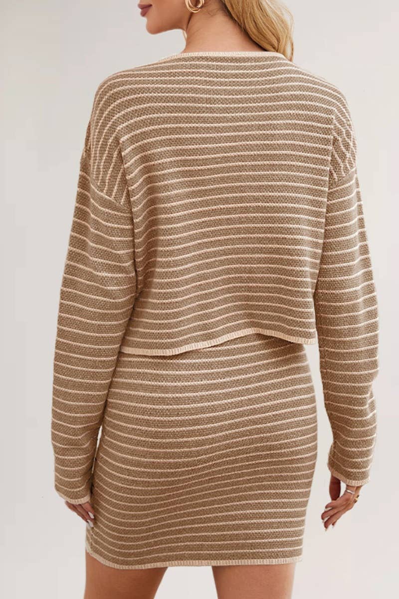 CWSS0856_SWEATER STRIPED LONG SLEEVE CARDIGAN SKIRT SUIT