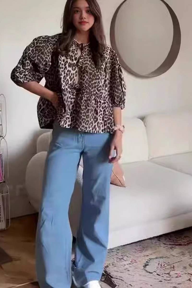 CWTBLL00717_SOLID COLOR PUFF SLEEVE PRINT LACE-UP SHIRT