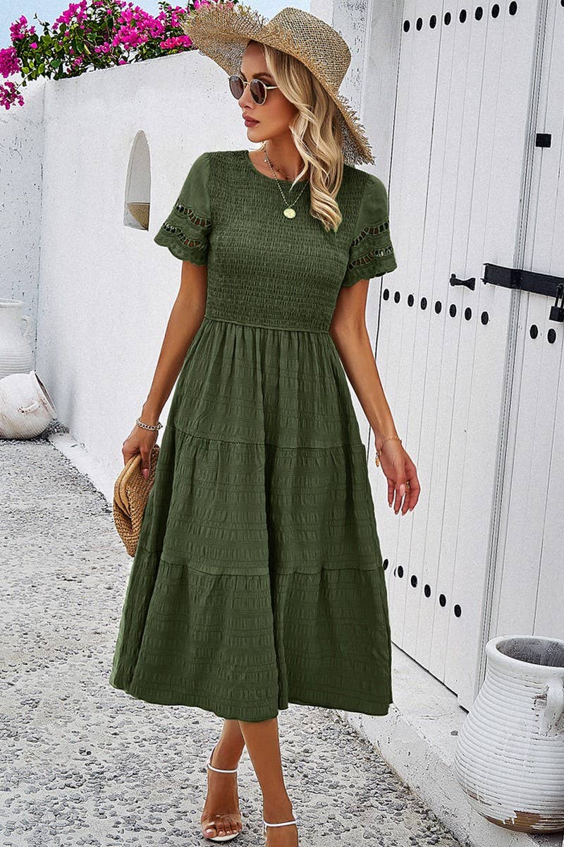 CWDMD6447_TEMPERAMENT SOLID COLOR SHORT SLEEVE HOLLOW DRESS